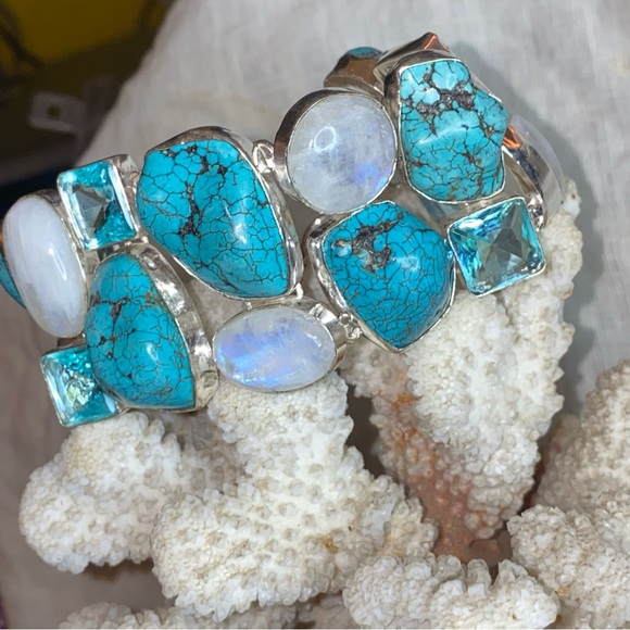 Gorgeous Tibetan Turquoise + Moonstone + Blue Topaz statement cuff bracelet - Picture 5 of 11